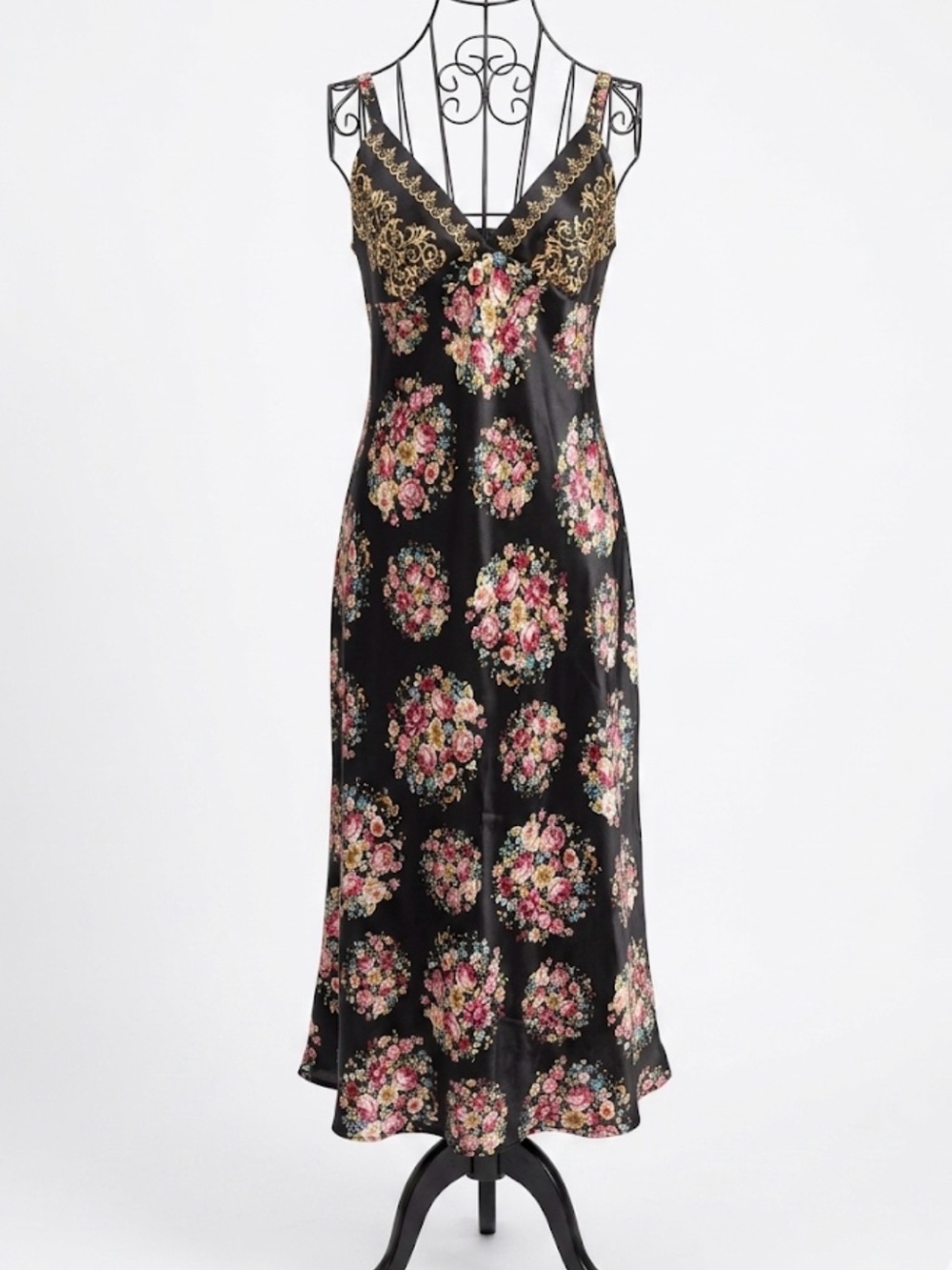 Jones New York Vintage Floral Satin Slip Dress Gold Baroque Border Large